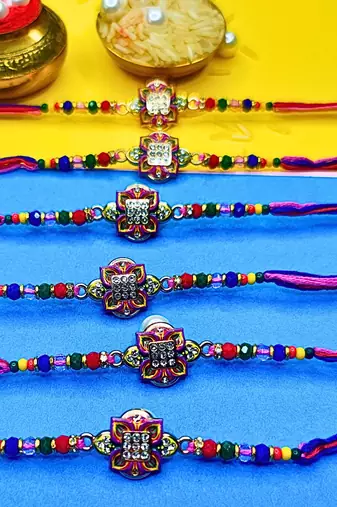 combo of 6 beaded cotton thread with ad stones & meenakari designer rakhi for brother