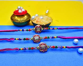 combo of 3 beaded cotton thread with ad stones & meenakari designer rakhi for brother 2