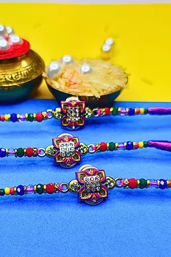 combo of 3 beaded cotton thread with ad stones & meenakari designer rakhi for brother