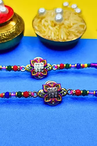 combo of two beaded cotton thread with ad stones & meenakari designer rakhi for brother