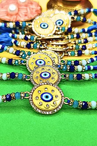 combo of 12 evil eye cotton thread with ad stones & meenakari designer rakhi for brother