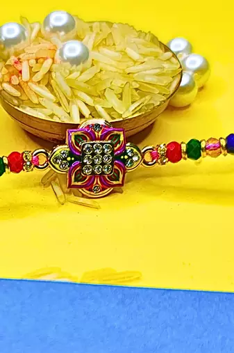 combo of two beaded cotton thread with ad stones & meenakari designer rakhi for brother