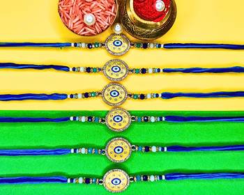 combo of 6 evil eye cotton thread with ad stones & meenakari designer rakhi for brother 1
