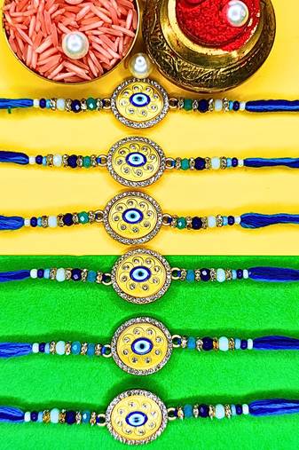 combo of 6 evil eye cotton thread with ad stones & meenakari designer rakhi for brother