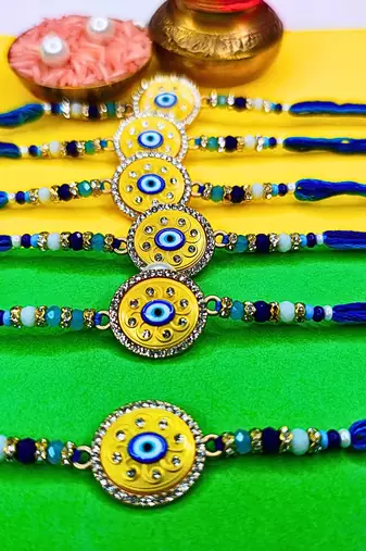 combo of 6 evil eye cotton thread with ad stones & meenakari designer rakhi for brother