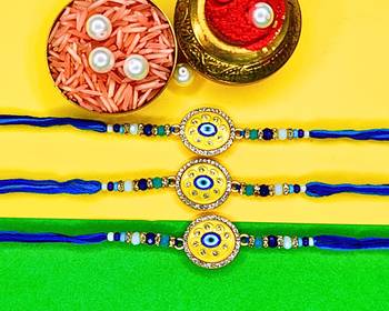 combo of 3 evil eye cotton thread with ad stones & meenakari designer rakhi for brother 1