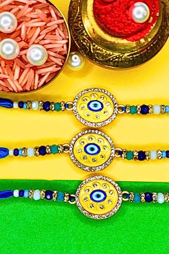 combo of 3 evil eye cotton thread with ad stones & meenakari designer rakhi for brother