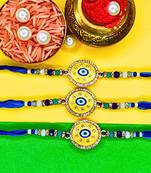 combo of 3 evil eye cotton thread with ad stones & meenakari designer rakhi for brother