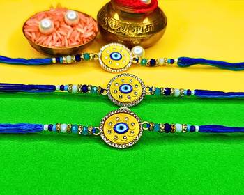 combo of 3 evil eye cotton thread with ad stones & meenakari designer rakhi for brother 2