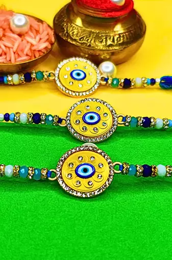 combo of 3 evil eye cotton thread with ad stones & meenakari designer rakhi for brother