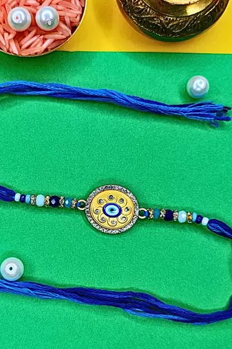 combo of 3 evil eye cotton thread with ad stones & meenakari designer rakhi for brother
