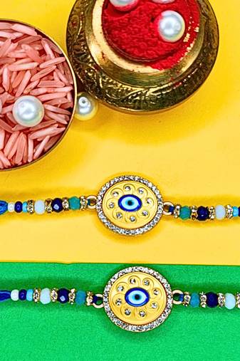 combo of 2 evil eye cotton thread with ad stones & meenakari designer rakhi for brother