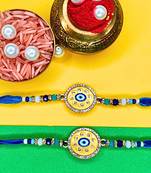 combo of 2 evil eye cotton thread with ad stones & meenakari designer rakhi for brother