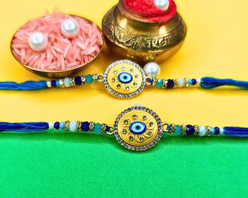 combo of 2 evil eye cotton thread with ad stones & meenakari designer rakhi for brother 2