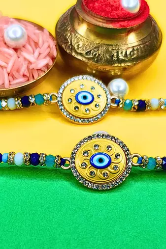 combo of 2 evil eye cotton thread with ad stones & meenakari designer rakhi for brother