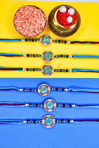 combo of 6 beaded cotton thread with ad stones & meenakari designer rakhi for brother