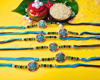 combo of 6 beaded cotton thread with ad stones & meenakari designer rakhi for brother 2