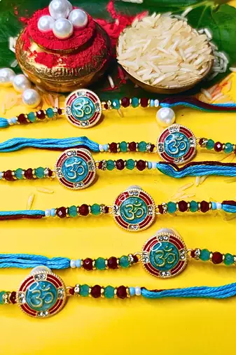 combo of 6 beaded cotton thread with ad stones & meenakari designer rakhi for brother