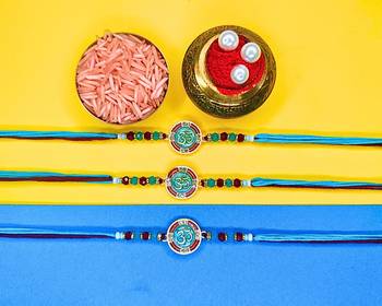 combo of 3 beaded cotton thread with ad stones & meenakari designer rakhi for brother 1