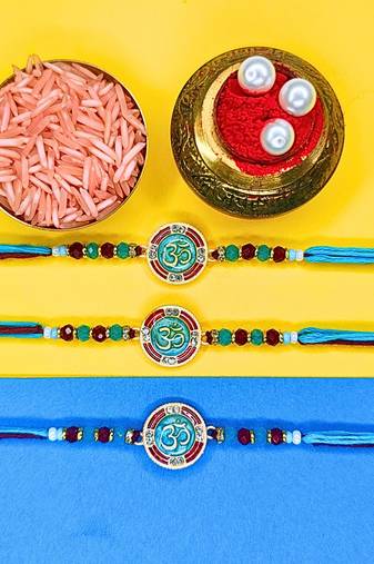 combo of 3 beaded cotton thread with ad stones & meenakari designer rakhi for brother