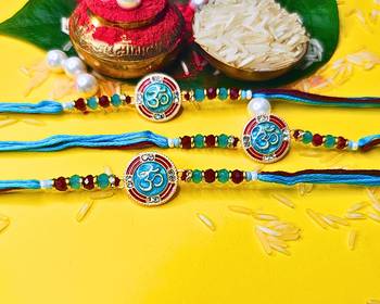 combo of 3 beaded cotton thread with ad stones & meenakari designer rakhi for brother 2