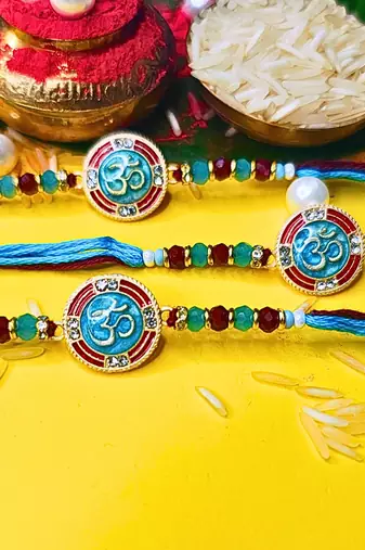 combo of 3 beaded cotton thread with ad stones & meenakari designer rakhi for brother