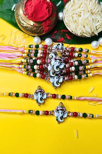 combo of 12 beaded cotton thread with ad stones & meenakari designer rakhi for brother