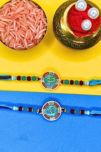 combo of 2 beaded cotton thread with ad stones & meenakari designer rakhi for brother
