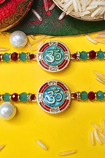 combo of 2 beaded cotton thread with ad stones & meenakari designer rakhi for brother