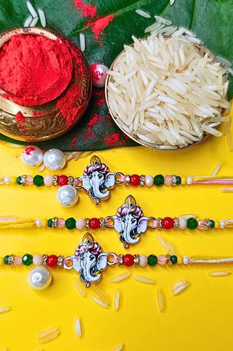 combo of 3 beaded cotton thread with ad stones & meenakari designer rakhi for brother