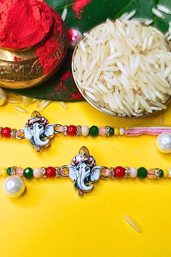 combo of 2 beaded cotton thread with ad stones & meenakari designer rakhi for brother