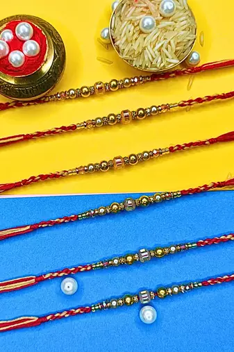 combo of 6 beaded cotton thread with ad stones & meenakari designer rakhi for brother