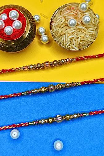 combo of 3 beaded cotton thread with ad stones & meenakari designer rakhi for brother