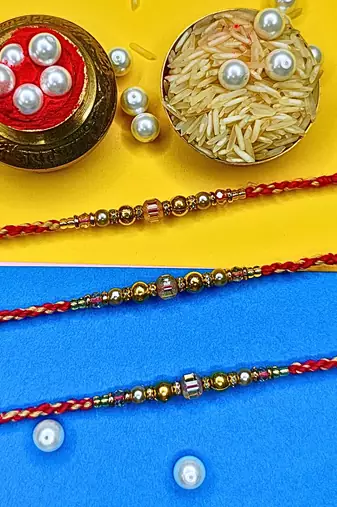 combo of 3 beaded cotton thread with ad stones & meenakari designer rakhi for brother