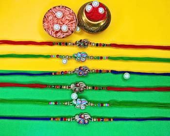 combo of 6 beaded cotton thread with ad stones & meenakari designer rakhi for brother 1