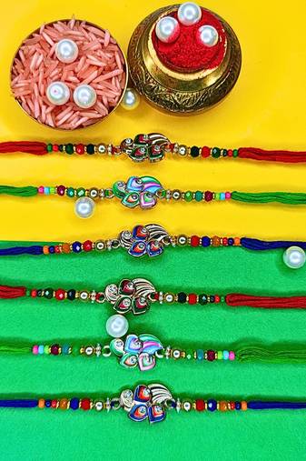 combo of 6 beaded cotton thread with ad stones & meenakari designer rakhi for brother