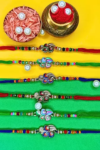 combo of 6 beaded cotton thread with ad stones & meenakari designer rakhi for brother
