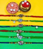 combo of 6 beaded cotton thread with ad stones & meenakari designer rakhi for brother