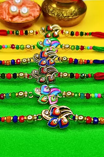 combo of 6 beaded cotton thread with ad stones & meenakari designer rakhi for brother