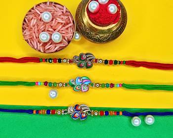 combo of 3 beaded cotton thread with ad stones & meenakari designer rakhi for brother 1