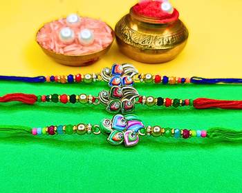 combo of 3 beaded cotton thread with ad stones & meenakari designer rakhi for brother 2