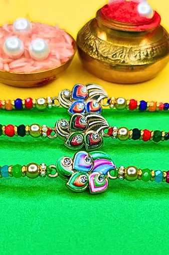 combo of 3 beaded cotton thread with ad stones & meenakari designer rakhi for brother