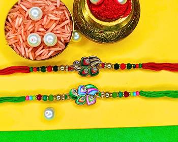 combo of 2 beaded cotton thread with ad stones & meenakari designer rakhi for brother 1