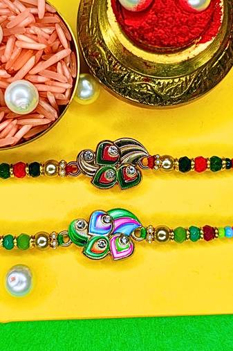 combo of 2 beaded cotton thread with ad stones & meenakari designer rakhi for brother