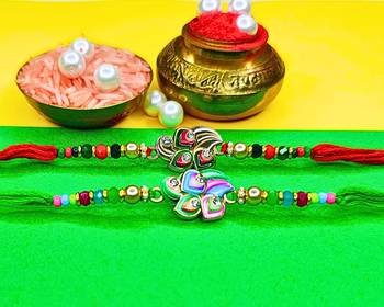 combo of 2 beaded cotton thread with ad stones & meenakari designer rakhi for brother 2