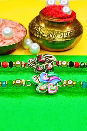 combo of 2 beaded cotton thread with ad stones & meenakari designer rakhi for brother