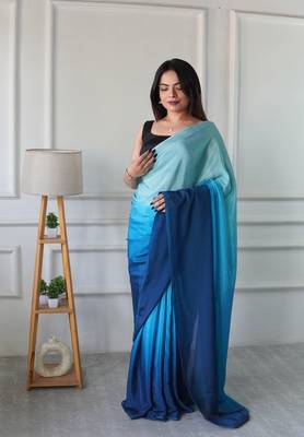 ready to wear blue chinon solid saree 1
