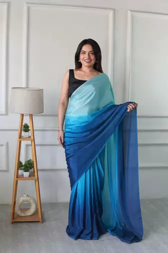 ready to wear blue chinon solid saree