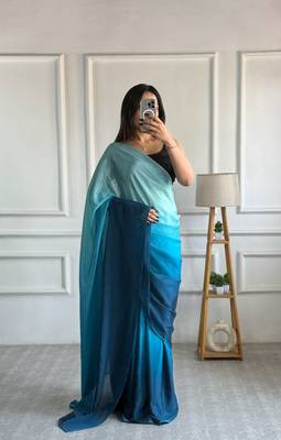 ready to wear blue chinon solid saree 5