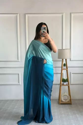 ready to wear blue chinon solid saree